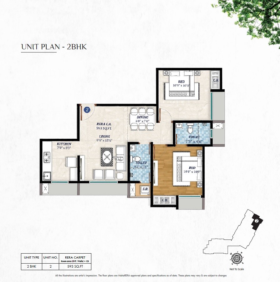 Floor plan of 2 BHK 593 Sq. Ft. Apartment in Pride Larkins Nest, Thane