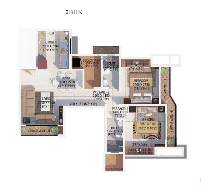 Floor plan of 2 BHK Apartment - 710 sq. ft. in Pridedream Giriraj Dreams, Thane