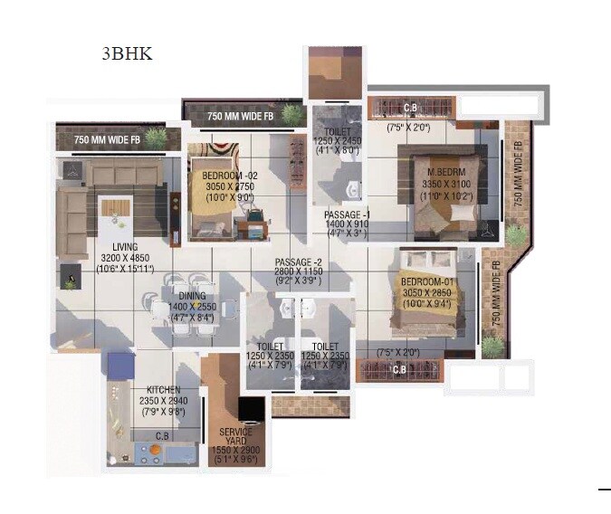 Floor plan of 3 BHK Apartment - 904 sq. ft. in Pridedream Giriraj Dreams, Thane