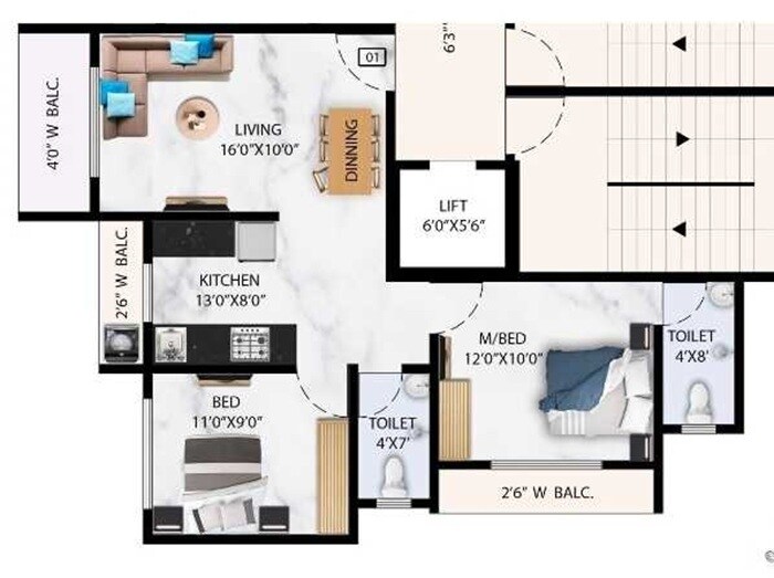 Floor plan of 2 BHK 674 Sq. Ft. Apartment in Priism The Florenza, Thane
