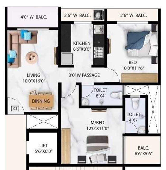 Floor plan of 2 BHK 700 Sq. Ft. Apartment in Priism The Florenza, Thane