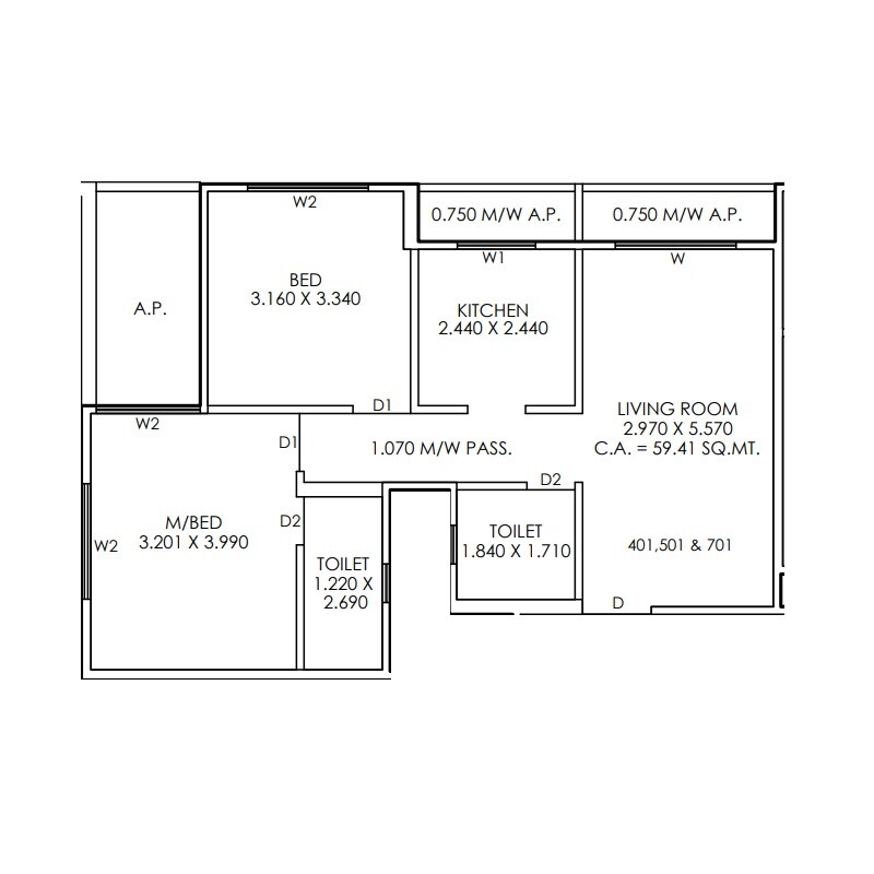 Floor plan of 2 BHK 640 Sq. Ft. Apartment in Priism The Meadows, Thane