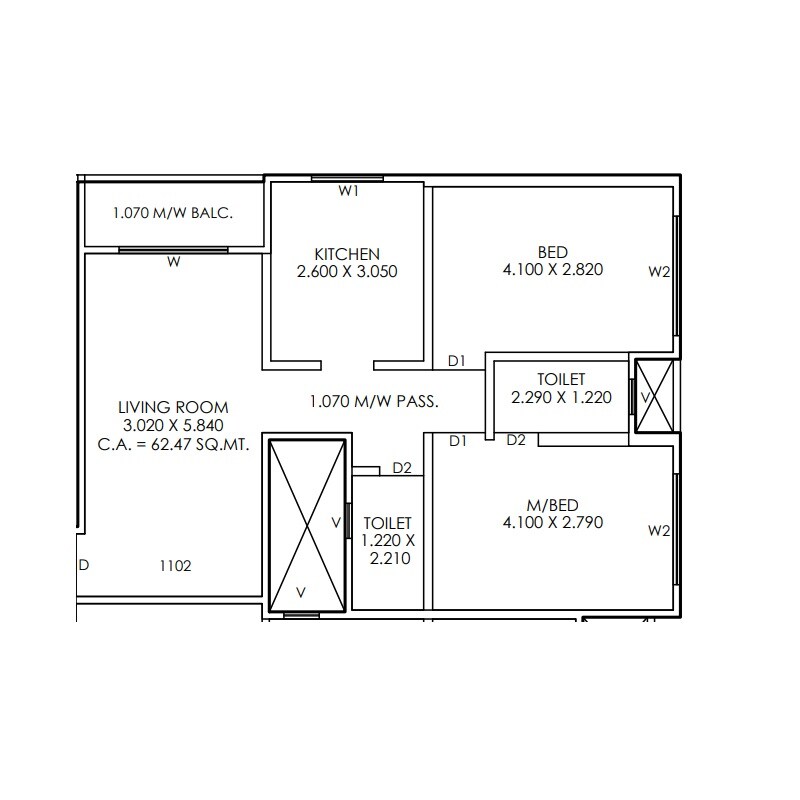 Floor plan of 2 BHK 672 Sq. Ft. Apartment in Priism The Meadows, Thane