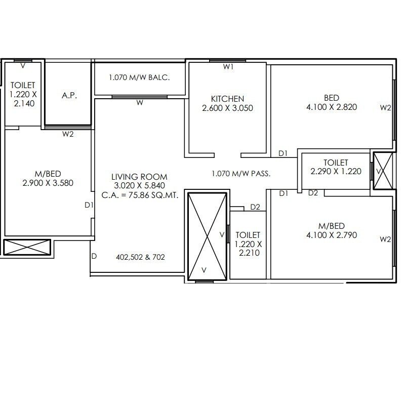 Floor plan of 3 BHK 819 Sq. Ft. Apartment in Priism The Meadows, Thane