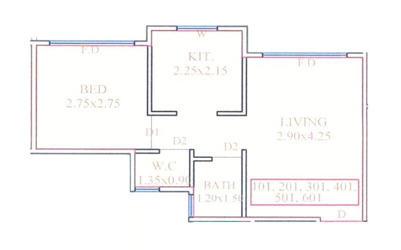Floor plan of 1 BHK Apartment - 338 sq. ft. in Prime Shree Smaran Heights, Thane