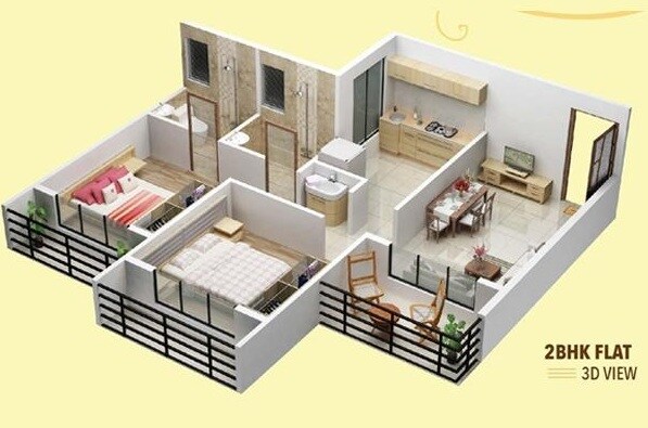 Floor plan of 2 BHK 363 Sq. Ft. Apartment in Prishty  Krishna Valley, Thane