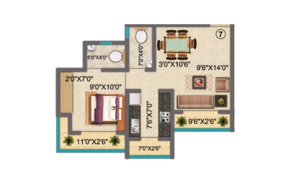 Floor plan of 1 BHK 363 Sq. Ft. Apartment in Prithvi Pride, Thane