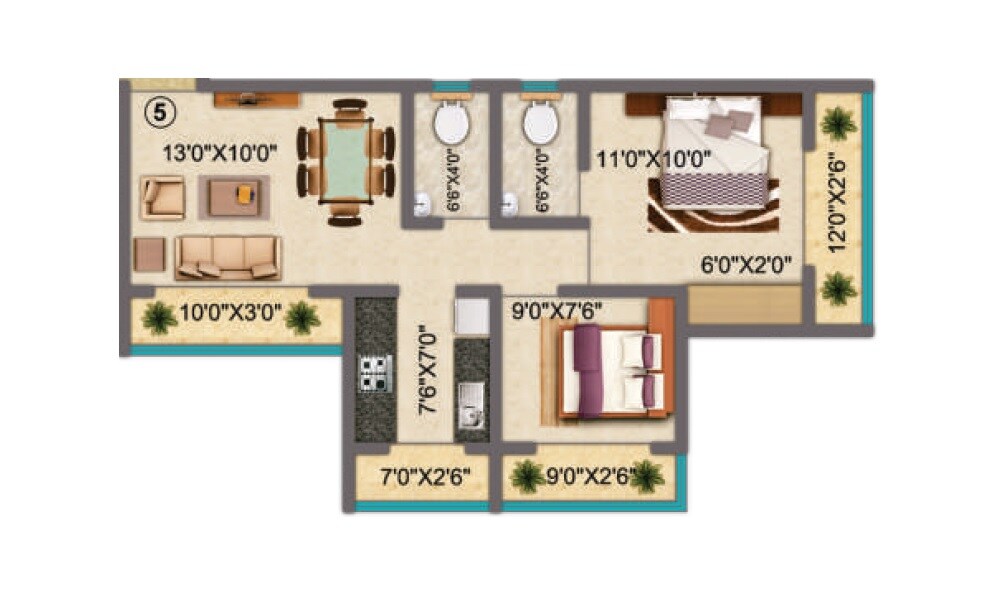 Floor plan of 2 BHK 501 Sq. Ft. Apartment in Prithvi Pride, Thane