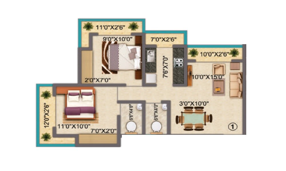 Floor plan of 2 BHK 509 Sq. Ft. Apartment in Prithvi Pride, Thane
