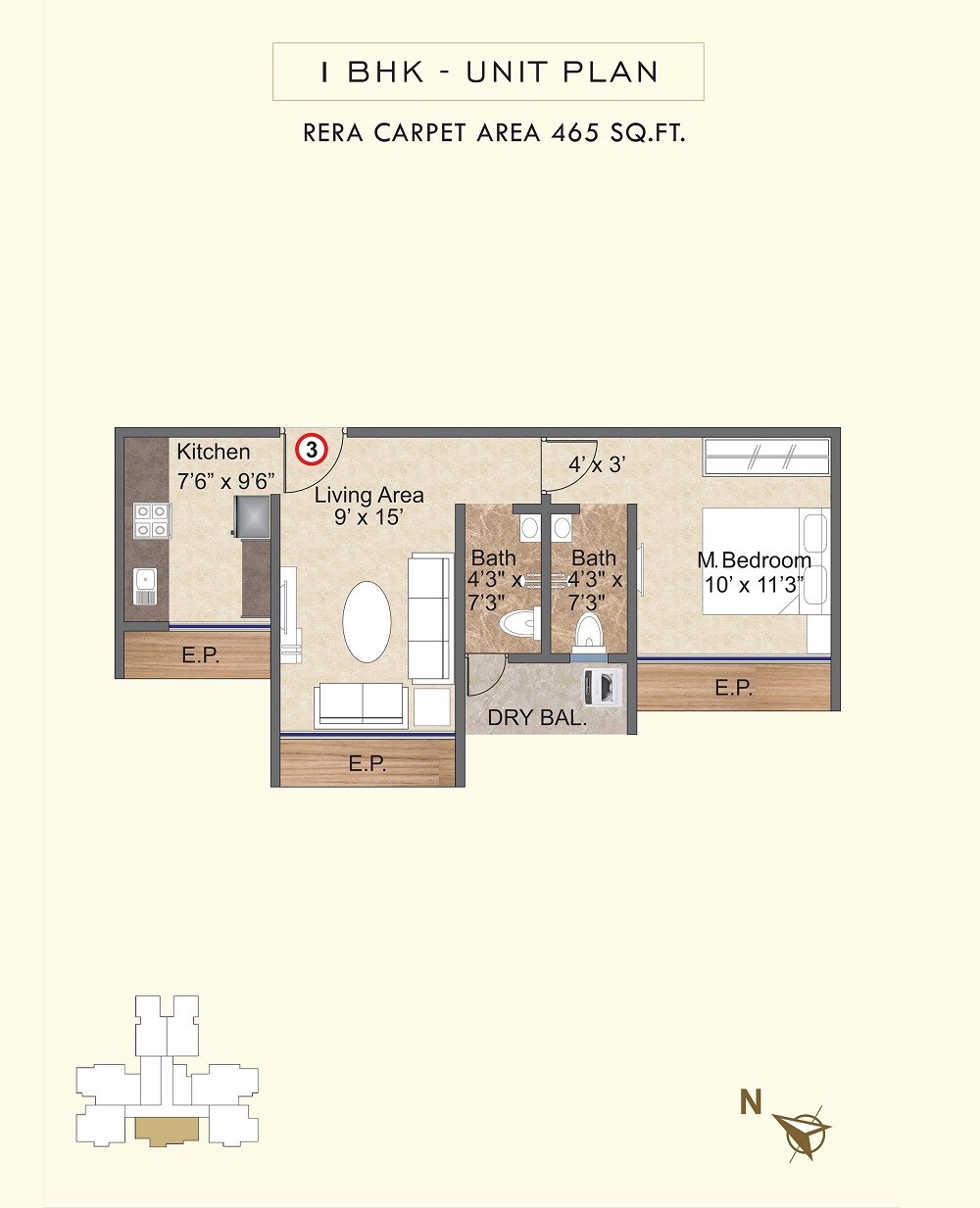 Floor plan of 1 BHK Apartment - 465 sq. ft. in PSK Skylar, Thane