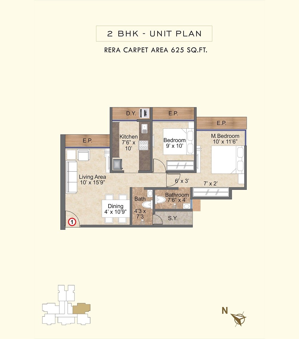 Floor plan of 2 BHK Apartment - 625 sq. ft. in PSK Skylar, Thane