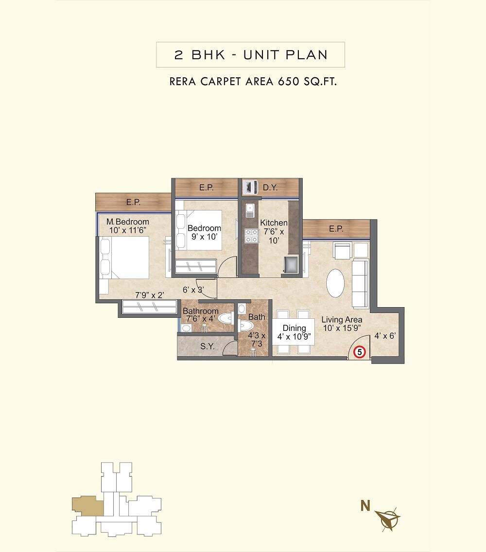 Floor plan of 2 BHK Apartment - 650 sq. ft. in PSK Skylar, Thane