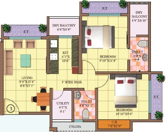 Floor plan of 2 BHK 470 Sq. Ft. Apartment in Puneet Kanchanganga, Thane