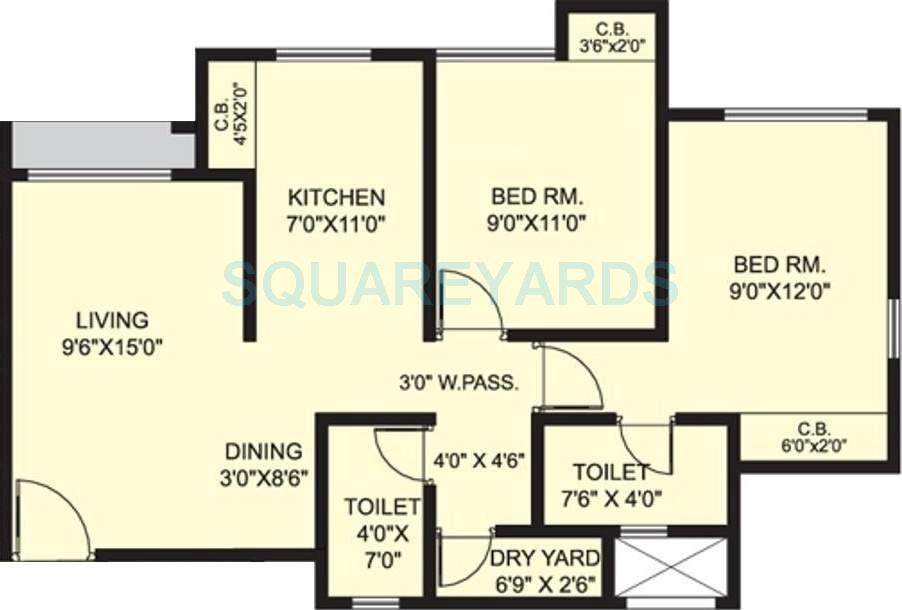 Floor plan of 2 BHK 626 Sq. Ft. Apartment in Puranik Capitol, Thane
