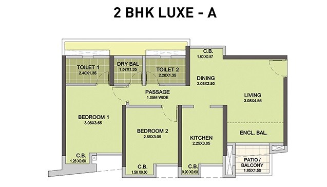 Floor plan of 2 BHK 627 Sq. Ft. Apartment in Puranik City, Thane