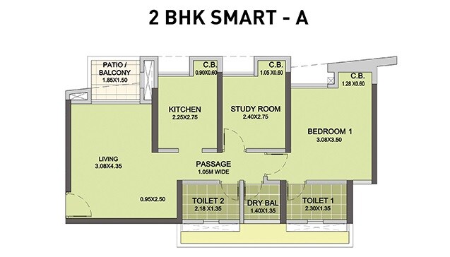 Floor plan of 2 BHK 584 Sq. Ft. Apartment in Puranik City, Thane