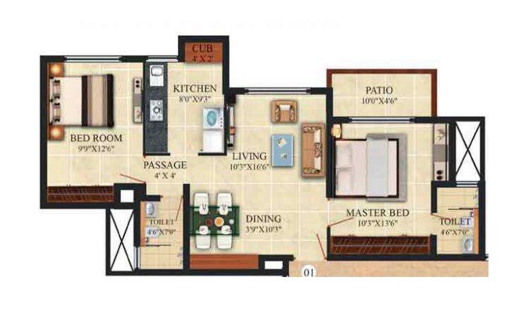 Floor plan of 2 BHK 733 Sq. Ft. Apartment in Puranik Hometown, Thane