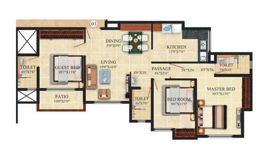 Floor plan of 3 BHK 948 Sq. Ft. Apartment in Puranik Hometown, Thane