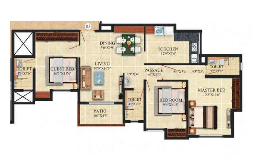 Floor plan of 3 BHK 957 Sq. Ft. Apartment in Puranik Hometown, Thane