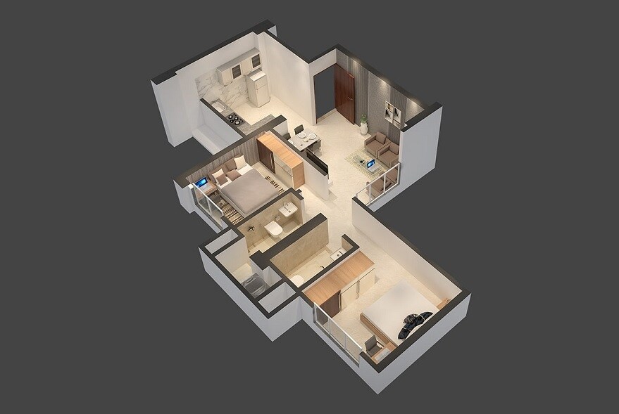 Floor plan of 2 BHK 500 Sq. Ft. Apartment in Puranik Ikigai, Thane