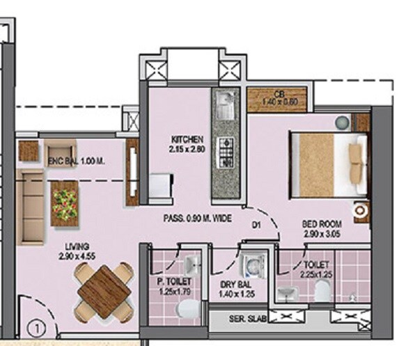 Floor plan of 1 BHK Apartment - 396 sq. ft. in Puranik Rumah Bali, Thane