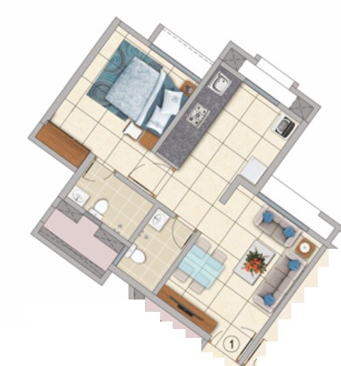 Floor plan of 1 BHK 447 Sq. Ft. Apartment in Puranik Rumah Bali Phase II, Thane