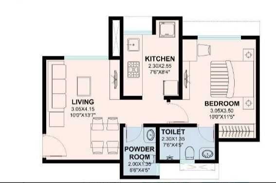Floor plan of 1 BHK 677 Sq. Ft. Apartment in Puranik Sky Villa, Thane