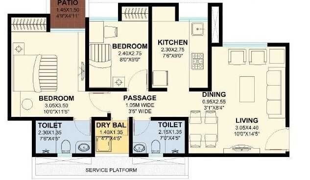 Floor plan of 2 BHK 978 Sq. Ft. Apartment in Puranik Sky Villa, Thane