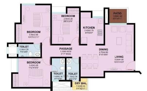 Floor plan of 3 BHK 1323 Sq. Ft. Apartment in Puranik Sky Villa, Thane