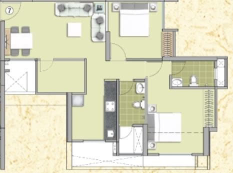 Floor plan of 2 BHK 572 Sq. Ft. Apartment in Puranik Tokyo Bay Phase 2A, Thane