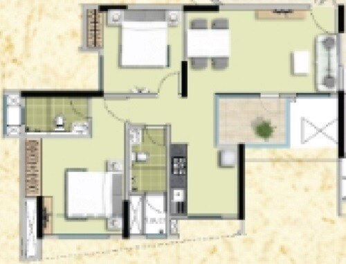 Floor plan of 2 BHK 587 Sq. Ft. Apartment in Puranik Tokyo Bay Phase 3A, Thane
