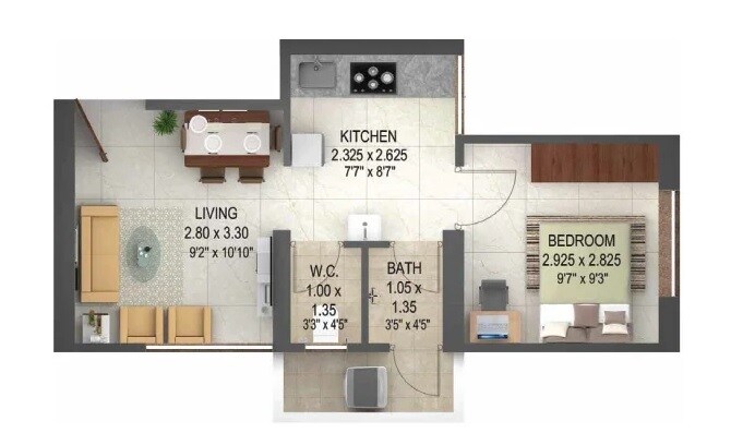 Floor plan of 1 BHK 313 Sq. Ft. Apartment in Puranik Unicorn, Thane