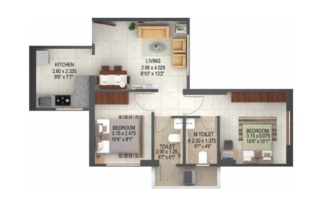 Floor plan of 2 BHK 500 Sq. Ft. Apartment in Puranik Unicorn, Thane