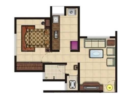 Floor plan of 1 BHK 667 Sq. Ft. Apartment in Puraniks One Hometown, Thane