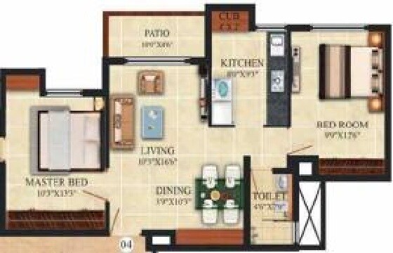 Floor plan of 2 BHK 1108 Sq. Ft. Apartment in Puraniks One Hometown, Thane