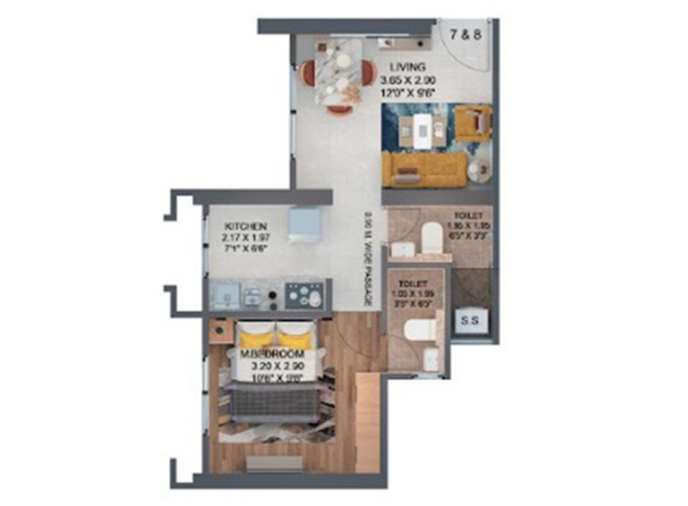 Floor plan of 1 BHK 362 Sq. Ft. Apartment in Puraniks Rahayu, Thane