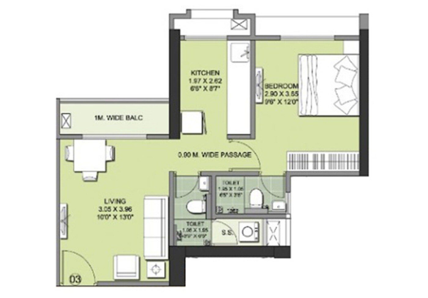 Floor plan of 1 BHK 431 Sq. Ft. Apartment in Puraniks Rahayu, Thane