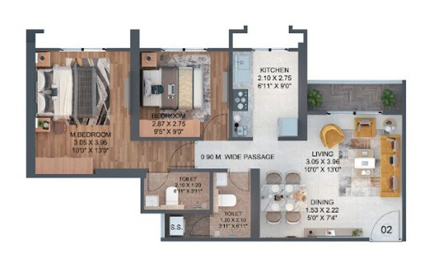 2 BHK 641 Sq. Ft. Apartment