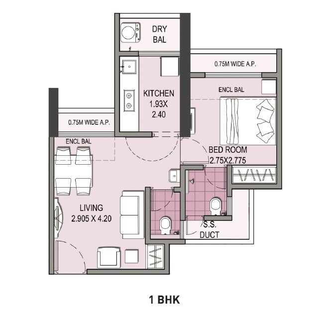 Floor plan of 1 BHK 450 Sq. Ft. Apartment in Puraniks Superio Grand Central, Thane
