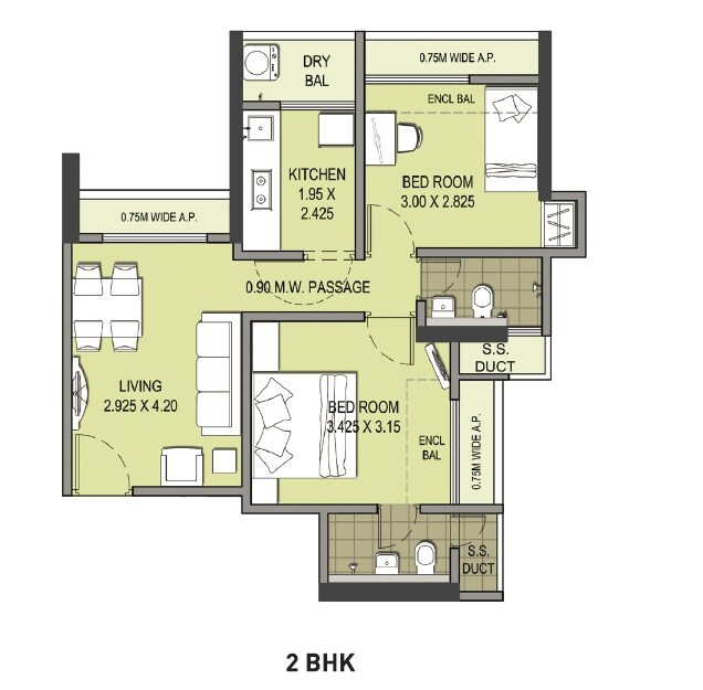 Floor plan of 2 BHK 587 Sq. Ft. Apartment in Puraniks Superio Grand Central, Thane