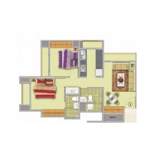 Floor plan of 2 BHK 608 Sq. Ft. Apartment in Puraniks Tokyo Bay, Thane