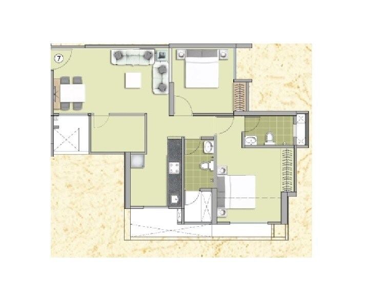 Floor plan of 2 BHK 576 Sq. Ft. Apartment in Puraniks Tokyo Bay Phase 2, Thane