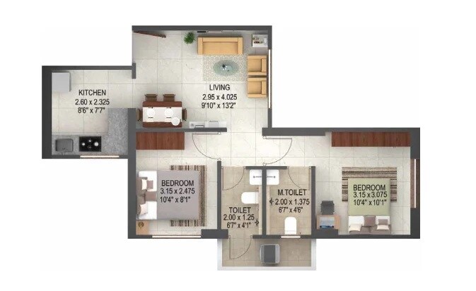 Floor plan of 2 BHK 500 Sq. Ft. Apartment in Puraniks Unicorn, Thane