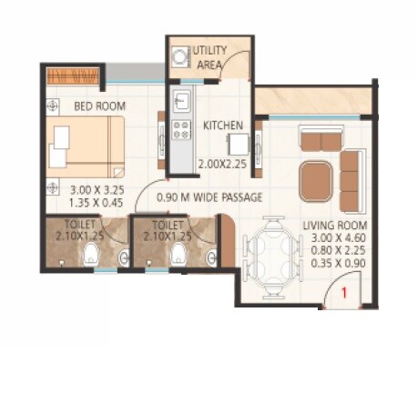 Floor plan of 1 BHK 360 Sq. Ft. Apartment in Purvesh Kurm Casa Vaishnavi, Thane