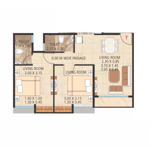 Floor plan of 2 BHK 592 Sq. Ft. Apartment in Purvesh Kurm Casa Vaishnavi, Thane
