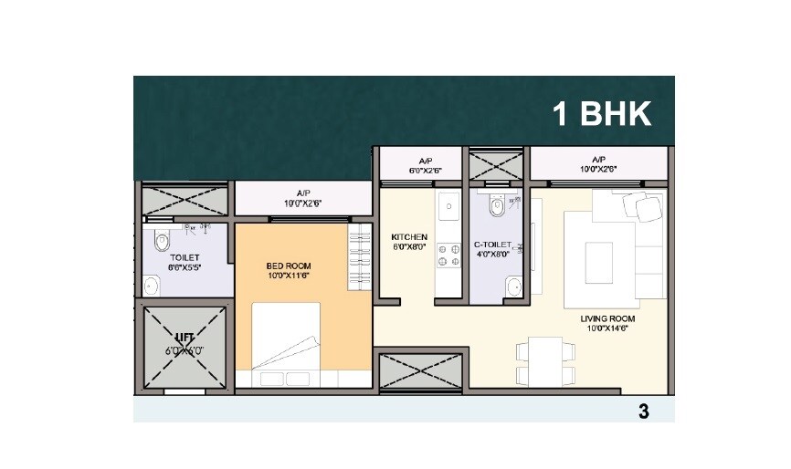 Floor plan of 1 BHK 550 Sq. Ft. Apartment in Quba Arfa Garden, Thane