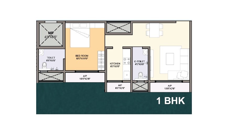 Floor plan of 1 BHK 515 Sq. Ft. Apartment in Quba Arfa Garden, Thane