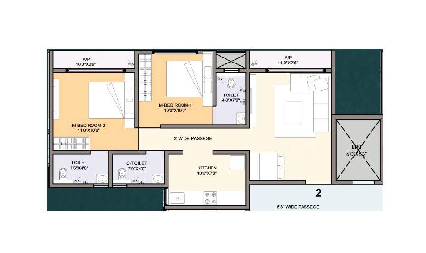 Floor plan of 2 BHK 667 Sq. Ft. Apartment in Quba Arfa Garden, Thane