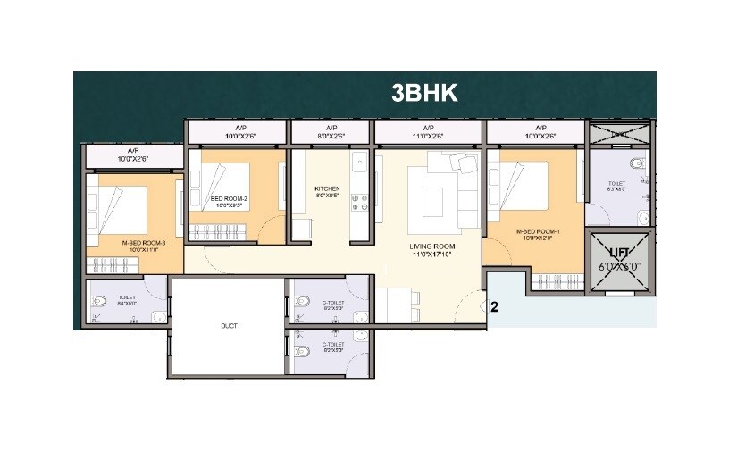 Floor plan of 3 BHK 950 Sq. Ft. Apartment in Quba Arfa Garden, Thane
