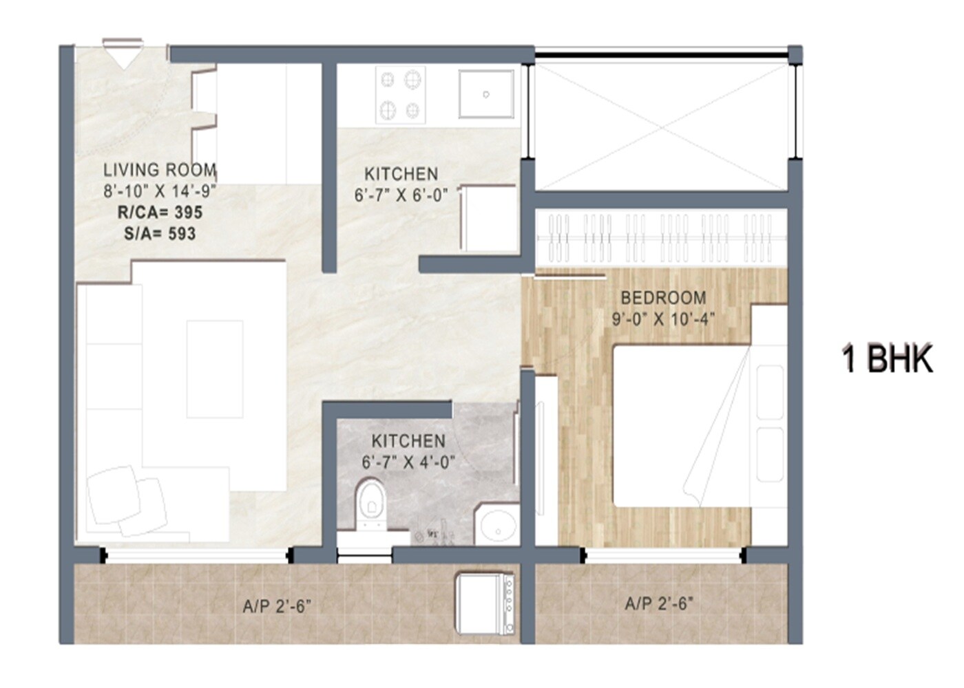 Floor plan of 1 BHK 395 Sq. Ft. Apartment in Quba Arjun Heights, Thane